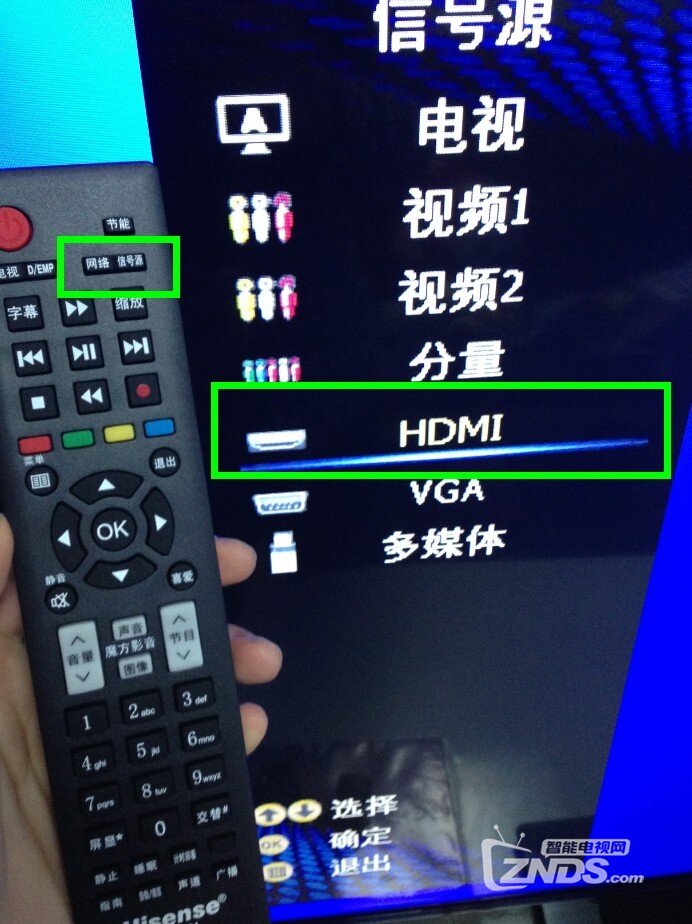 2,我们以海信电视为例,先用遥控器选择信号源为hdmi.