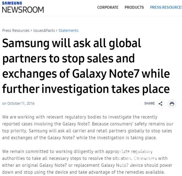 三星宣布全球范围内Note 7全面停售 警告用户关机停止使用！